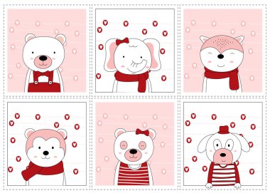 El çizimi tarzıyla Sevgililer Günü. Çizgi film, pembe çerçeveli şirin duruş yavru hayvanları çizer.