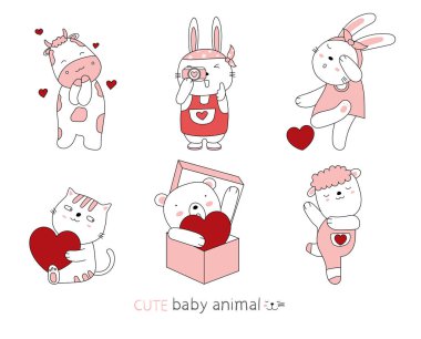 Çizgi filmlerde şirin duruş şeklindeki yavru hayvanları çiziyorlar. El çizimi tarzıyla Sevgililer Günü.