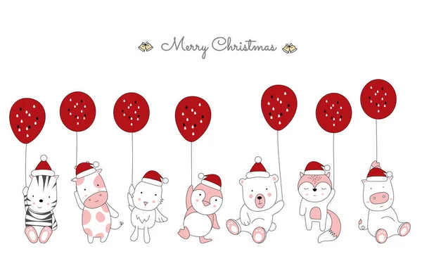 Fondo Diseño Tarjeta Felicitación Navidad Con Lindo Bebé Animal Globo — Archivo Imágenes Vectoriales
