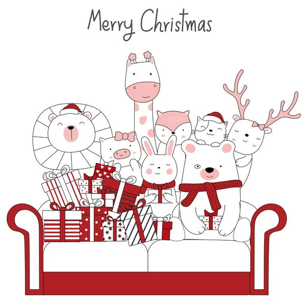 Diseño Navidad Con Caricatura Animal Lindo Caja Regalo Vendimia Sofá — Vector de stock