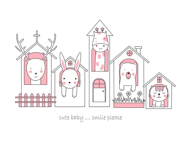 房子里可爱的小动物卡通素描动物风格 — 图库矢量图片