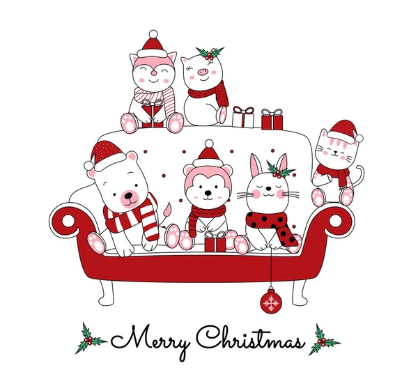 Diseño Navidad Con Caricatura Animal Lindo Sofá Dibujado Mano Estilo — Archivo Imágenes Vectoriales