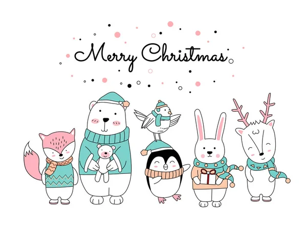 Diseño Navidad Con Caricatura Animal Lindo Caja Regalo Dibujado Mano — Archivo Imágenes Vectoriales