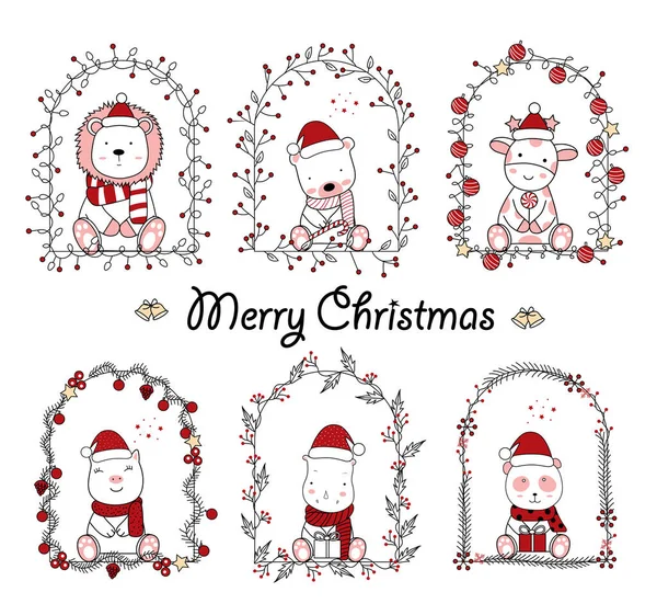 Рождественский Дизайн Милым Мультяшным Животным Цветочной Рамке Ручной Рисунок — стоковый вектор
