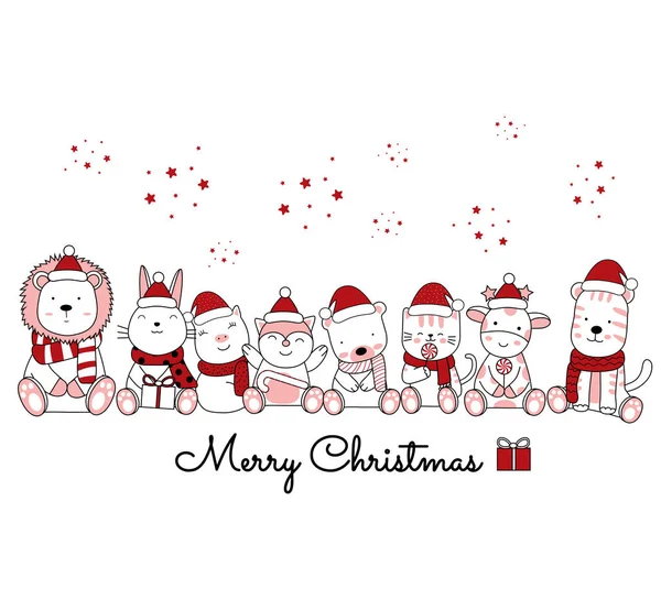 Çiçekli şirin hayvan karikatürlü Noel tasarımı. El çizimi çizgi film tarzı