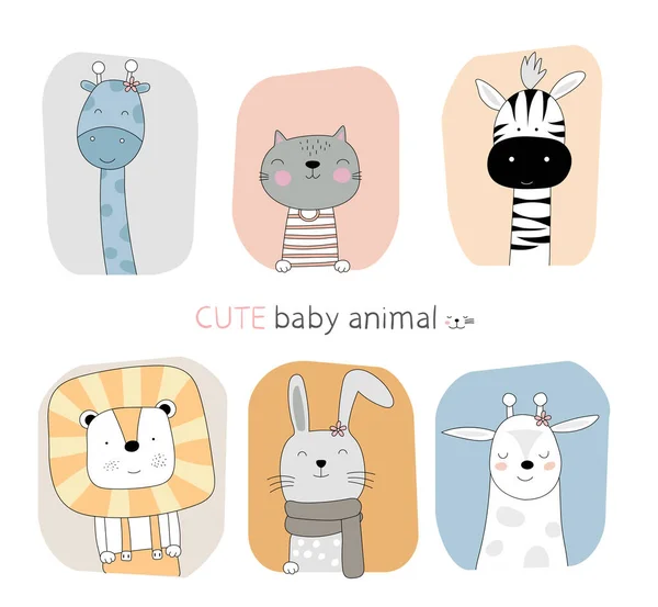 Estilo Dibujado Mano Dibujos Animados Bosquejo Postura Linda Bebé Animal — Vector de stock