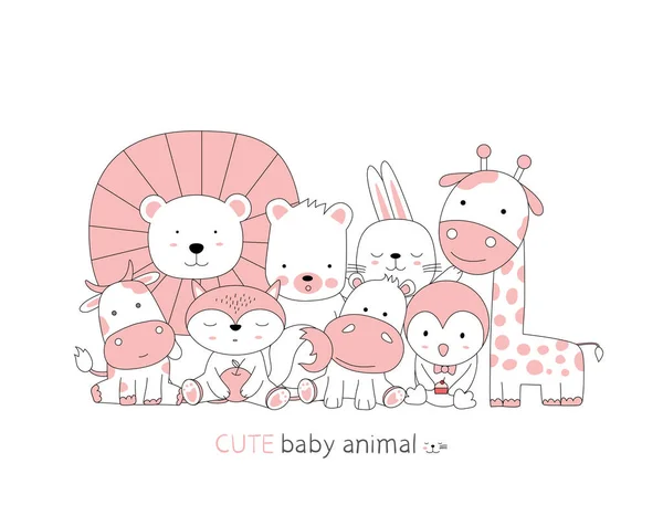 Estilo Dibujado Mano Dibujos Animados Bosquejo Postura Linda Bebé Animales — Vector de stock