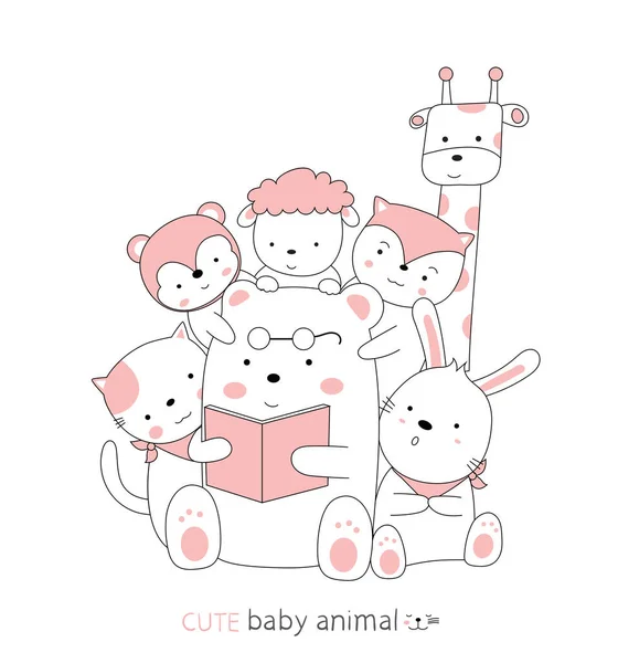 Stile Disegnato Mano Cartone Animato Schizzo Carino Postura Baby Animali — Vettoriale Stock