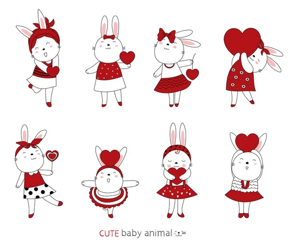 Мультфильм Sketch Прекрасных Кроликов Младенцев Животных Сердца День Святого Валентина — стоковый вектор