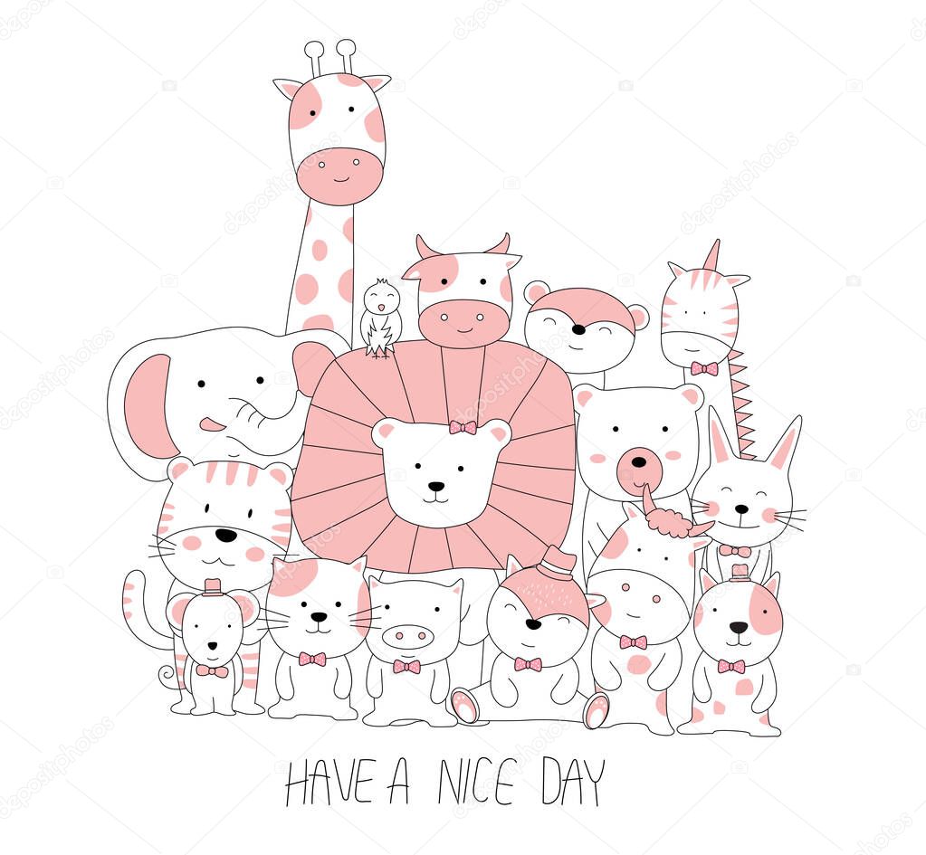 Hand drawn style. Cartoon sketch the cute posture baby animals