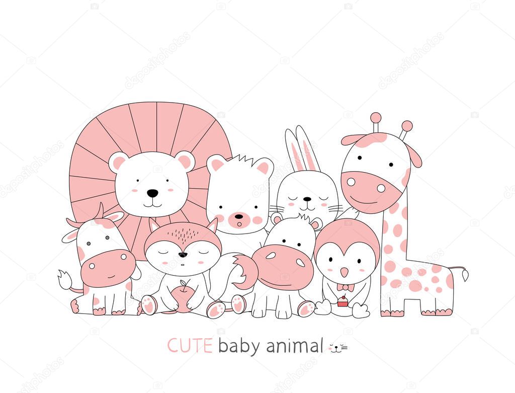 Hand drawn style. Cartoon sketch the cute posture baby animals