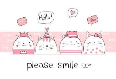 El çizimi stili. Şirin kedi çizgi filmi karalama pastel duvar kağıdı