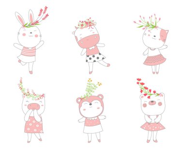 Çizgi film, sevimli bebek hayvanların robot resmini çiziyor. El çizimi biçimi.