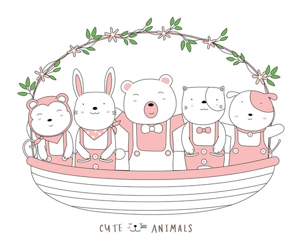 卡通用花篮勾画出可爱的小动物 手绘风格 — 图库矢量图片