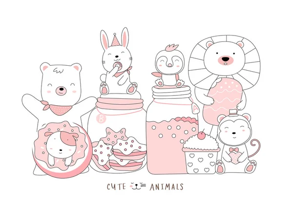 卡通素描可爱的小动物 手绘风格 — 图库矢量图片