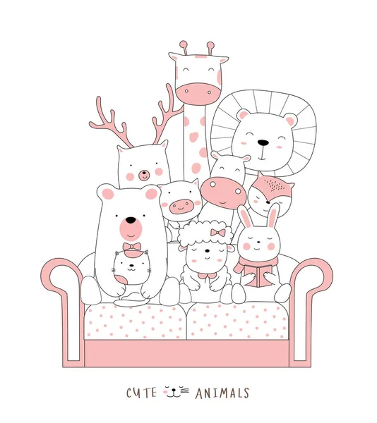 卡通画了沙发上可爱的猫宝宝动物 手绘风格 — 图库矢量图片