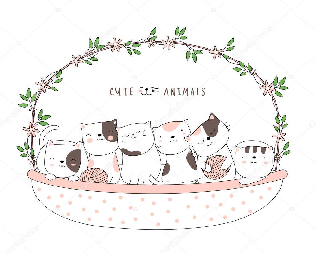 Cartoon sketch the cute baby cat animal with a flower basket. Hand-drawn style.