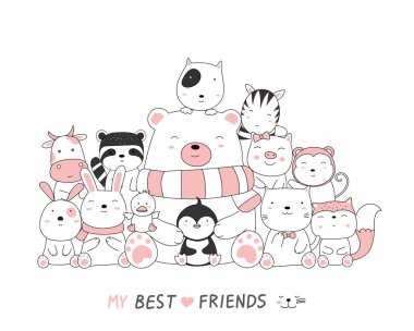 Çizgi film, yavru hayvanların şirin duruşunu çiziyor. El çizimi biçimi.