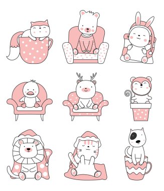 Çizgi film sevimli hayvanları çiziyor. El çizimi biçimi.