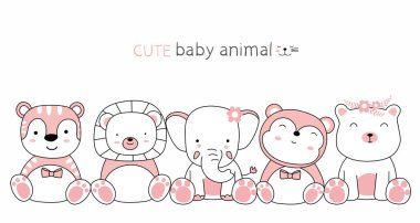 Çizgi film, arkadaşlarıyla sevimli hayvanları çiziyor. El çizimi biçimi.