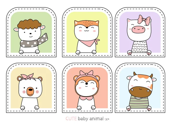 Cartone Animato Schizzo Gli Animali Carini Stile Disegnato Mano — Vettoriale Stock