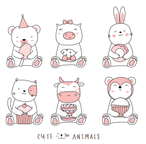 Cartone Animato Schizzo Gli Animali Carini Stile Disegnato Mano — Vettoriale Stock