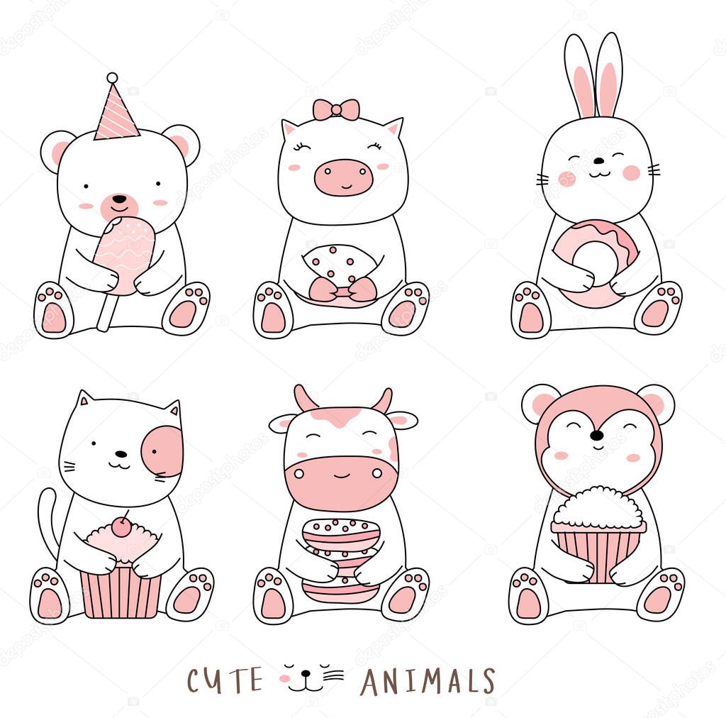 Cartoon sketch the cute animals. Hand drawn style.
