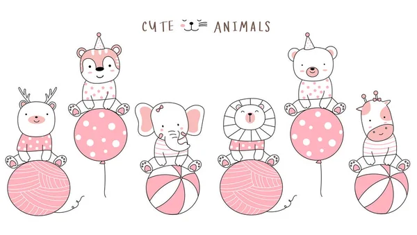 Cartoon Sketch Cute Animals Balloon Hand Drawn Style — ストックベクタ