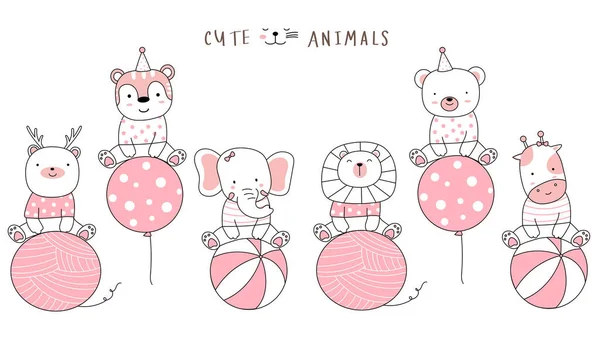 Cartoon sketch the cute animals with balloon. Hand drawn style.