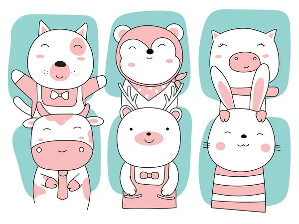 Dessin Animé Esquisse Les Animaux Mignons Style Dessiné Main — Image vectorielle