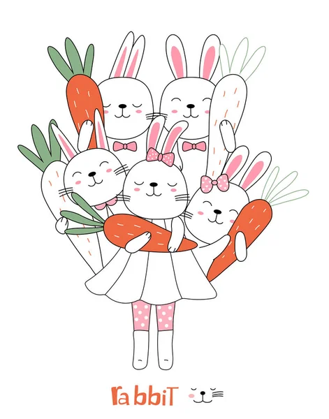 Stile Disegnato Mano Cartone Animato Schizzo Carino Postura Baby Coniglio — Vettoriale Stock