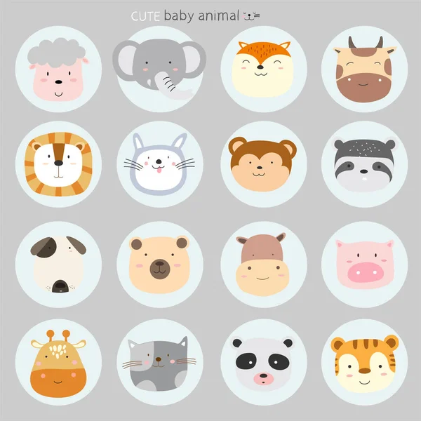 Cute Animal Cartoon Icons Set Hand Drawn Style — Stok Vektör