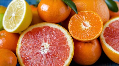 Mandalina limonları portakal limonları turunçgiller mavi ahşap arka planda kapanıyor.