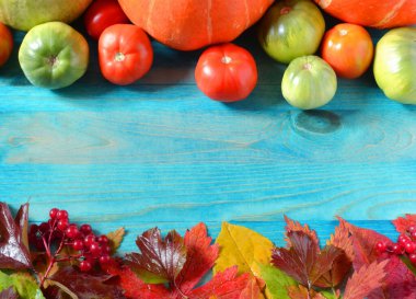 Balkabakları yeşil domatesler sonbahar yaprakları açık ahşap arka planda Kopi uzayı