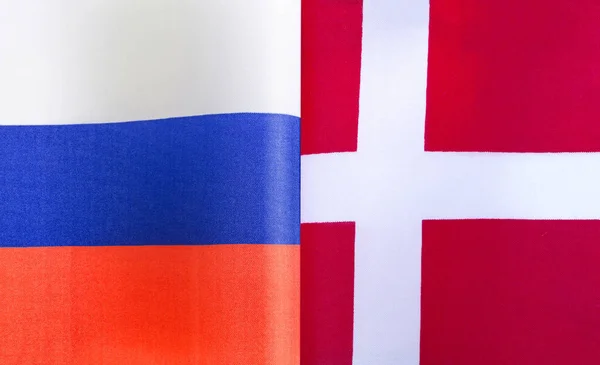 Fragmenty Národních Vlajek Ruska Dánska Detailní Záběr — Stock fotografie