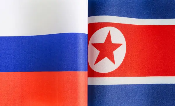 Fragmentos Las Banderas Nacionales Rusia República Popular Democrática Corea —  Fotos de Stock