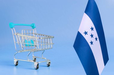 Renkli bir arka plan tüketici sepeti üzerinde boş metal alışveriş sepeti ve Honduras bayrağı
