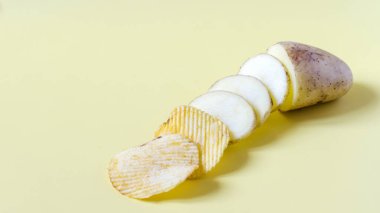 Patatesleri cips yapma fikri. Patates ve patates dilimleri ve flüt fişleri sarı arka planda kapanıyor.