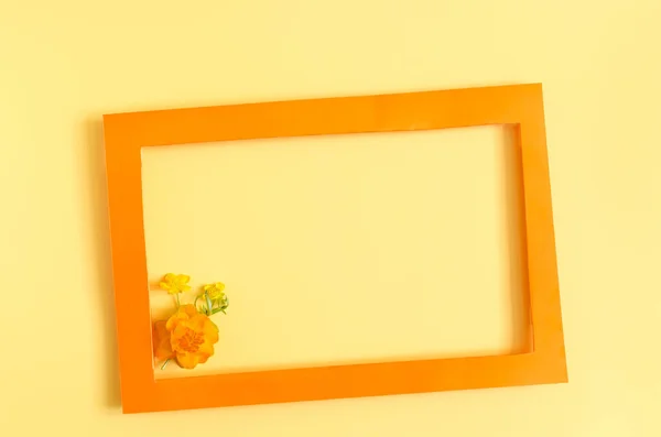 Color frame decorated with flowers on a light background of kopi space. Flat ley bright orange paper frame and orange and yellow flower decor