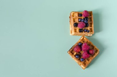 Mavi arka planda siyah ve kırmızı böğürtlenli iki taze waffle. Kopi alanı üzerine renkli arka plan görünümlü ev yapımı kekler çıtır çıtır waffle 'lar