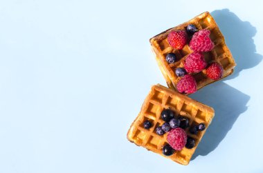 Sert ışığın mavi arka planında siyah ve kırmızı meyveli waffle. Renkli arka plan görünümlü ev yapımı kekler çıtır çıtır waffle 'lar.
