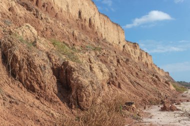Büyük kil parçaları yamaçtan kumlu sahile düştü. Tehlikeli doğal bir fenomen. Kararsız toprak ve çökme tehlikesi.
