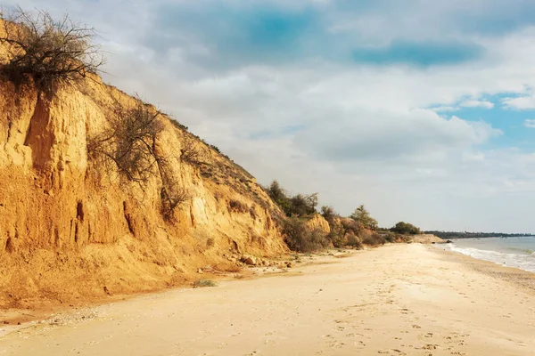 Sarı-kahverengi kil yamacı ve boş kumsalın panoramik görüntüsü. Turkuaz gökyüzü ve küçük bulutlar. Topraktaki büyük çatlaklar, toprak yol katmanlarının inişi.