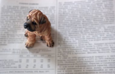 A small toy dog sits on an unfolded book . Only the dog's eyes are in focus. Blurred text background. The concept of the need to protect knowledge  There is room for text on the right. clipart