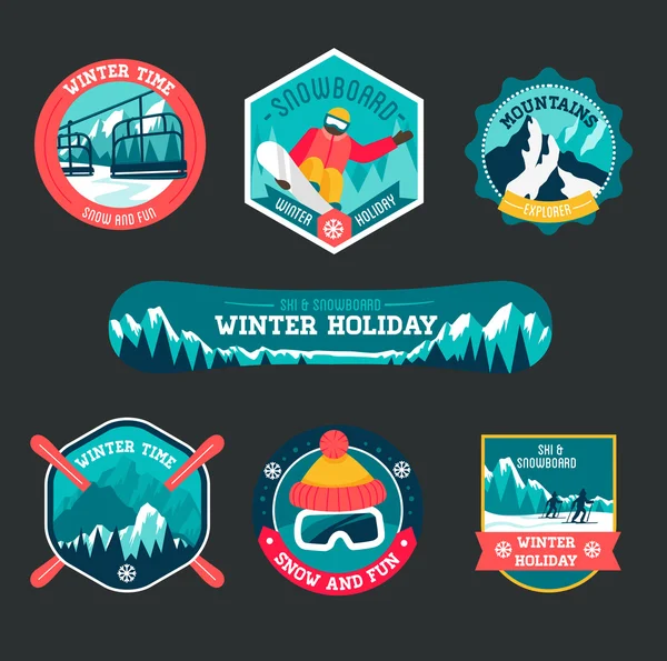 Set de insignias para esquí y snowboard — Archivo Imágenes Vectoriales