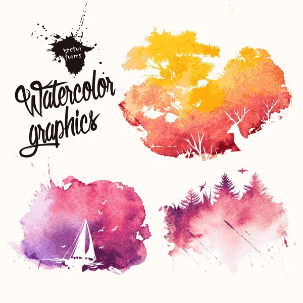 Nature silhouettes in colorful ink splatters — Stock Vector