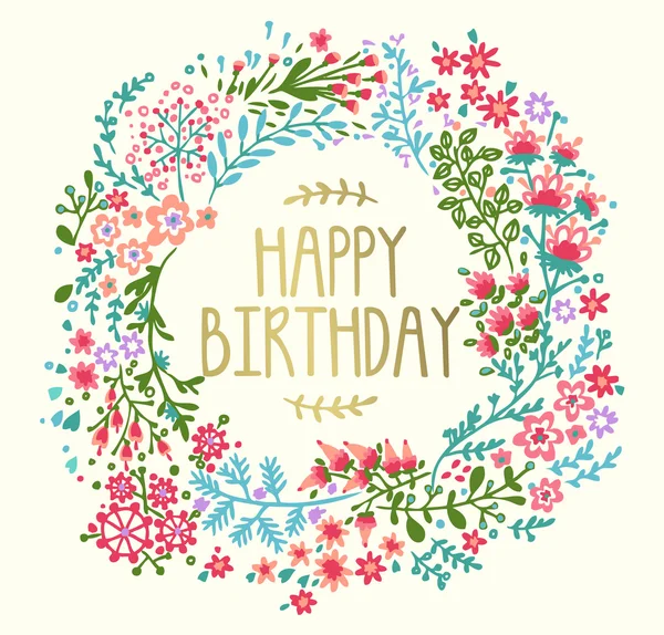 Birthday card with floral wreath — Stock Vector