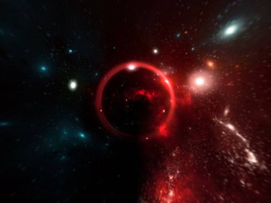 Kara delik, gezegenler ve galaksi, bilim kurgu duvar kağıdı. Derin uzayın güzelliği. Evrende milyarlarca galaksi Kozmik sanat arka planında