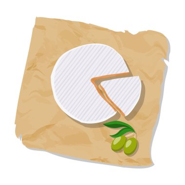 Disk and piece of Camembert on the paper. Isolated on white. Vector illustration. clipart