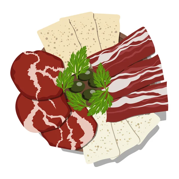 Piatto con prosciutto affettato, formaggio, pancetta e olive su fondo bianco. Illustrazione vettoriale . — Vettoriale Stock